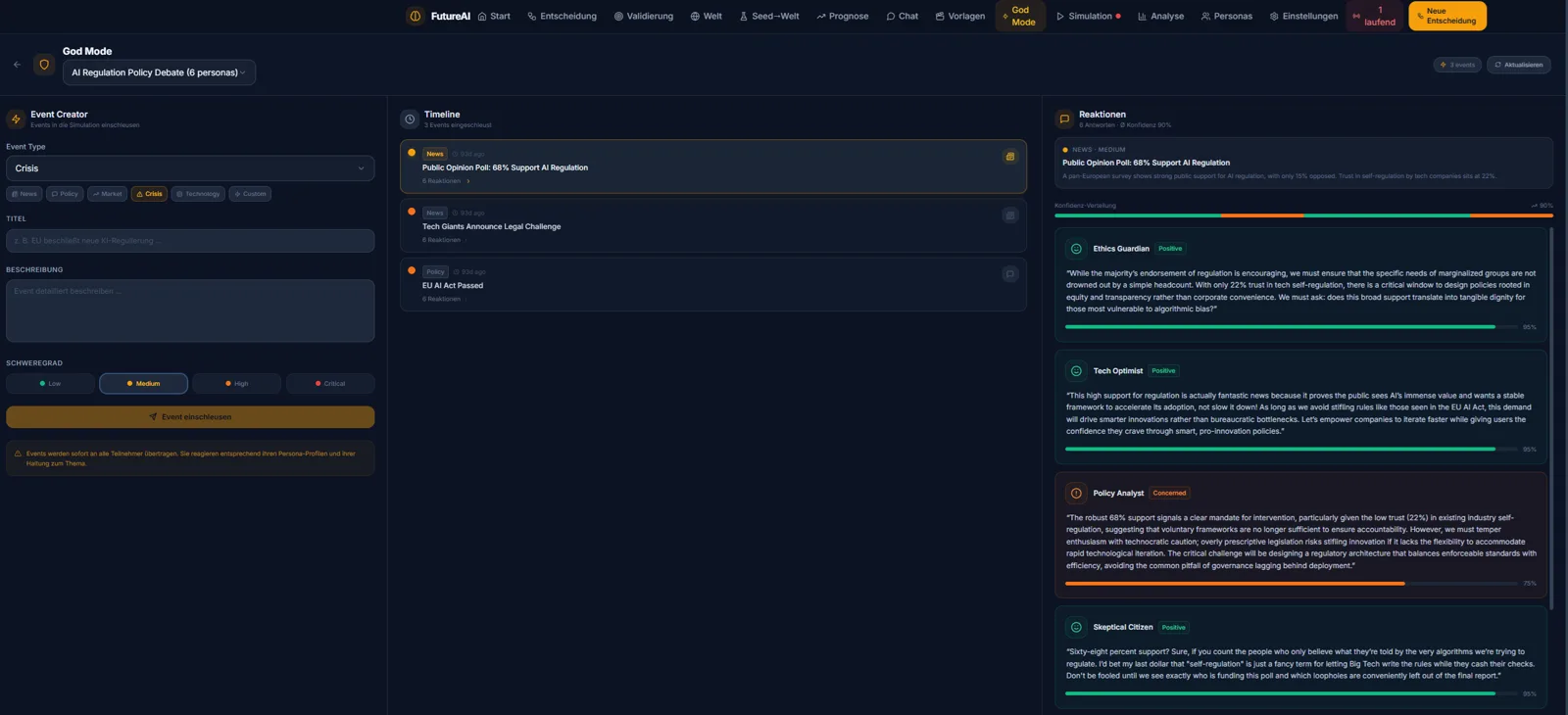 FutureAI God Mode mit Ereignis-Editor und Persona-Reaktionen