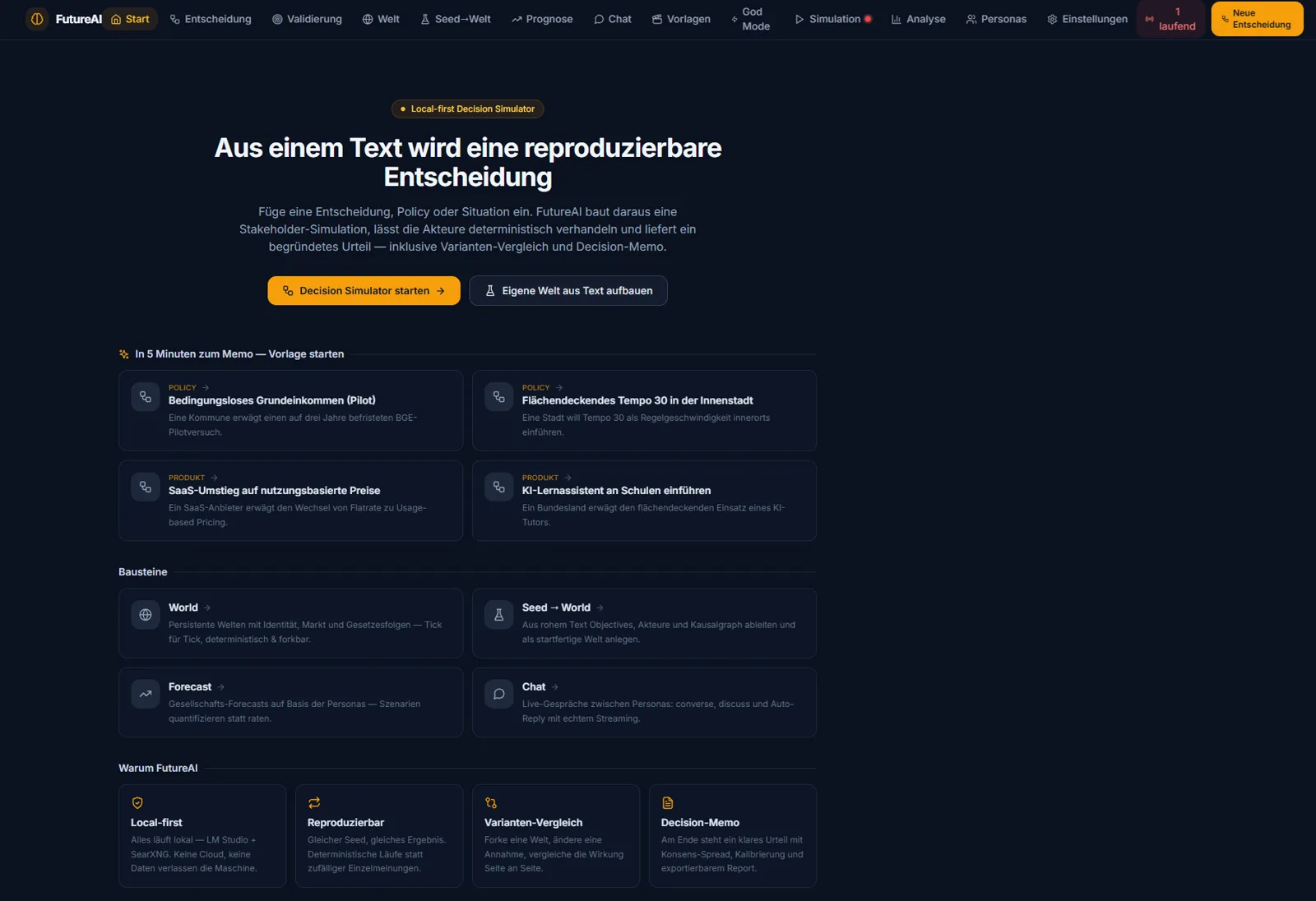 FutureAI Decision Simulator mit Vorlagen für Policy-, Produkt- und Marktentscheidungen