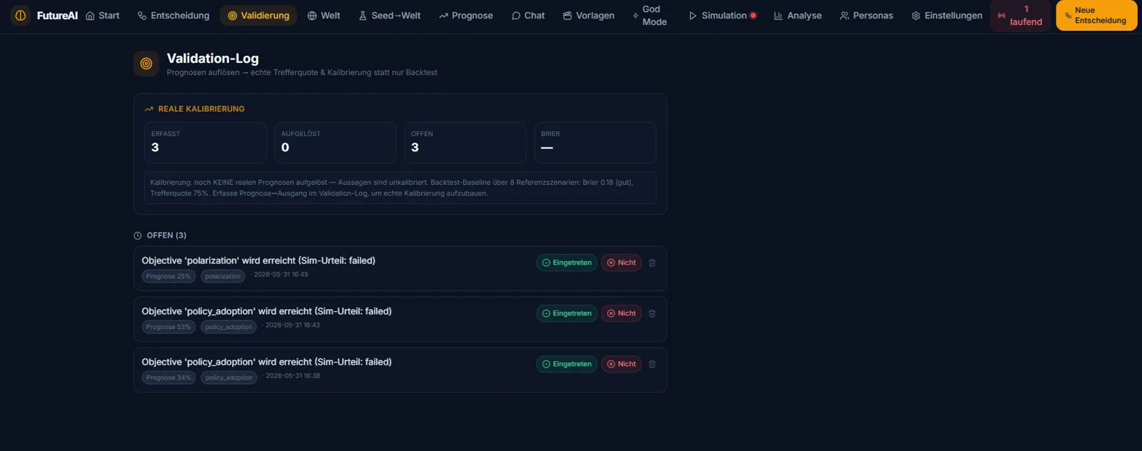 Validation-Log mit Backtest-Baseline und offenen Prognosen